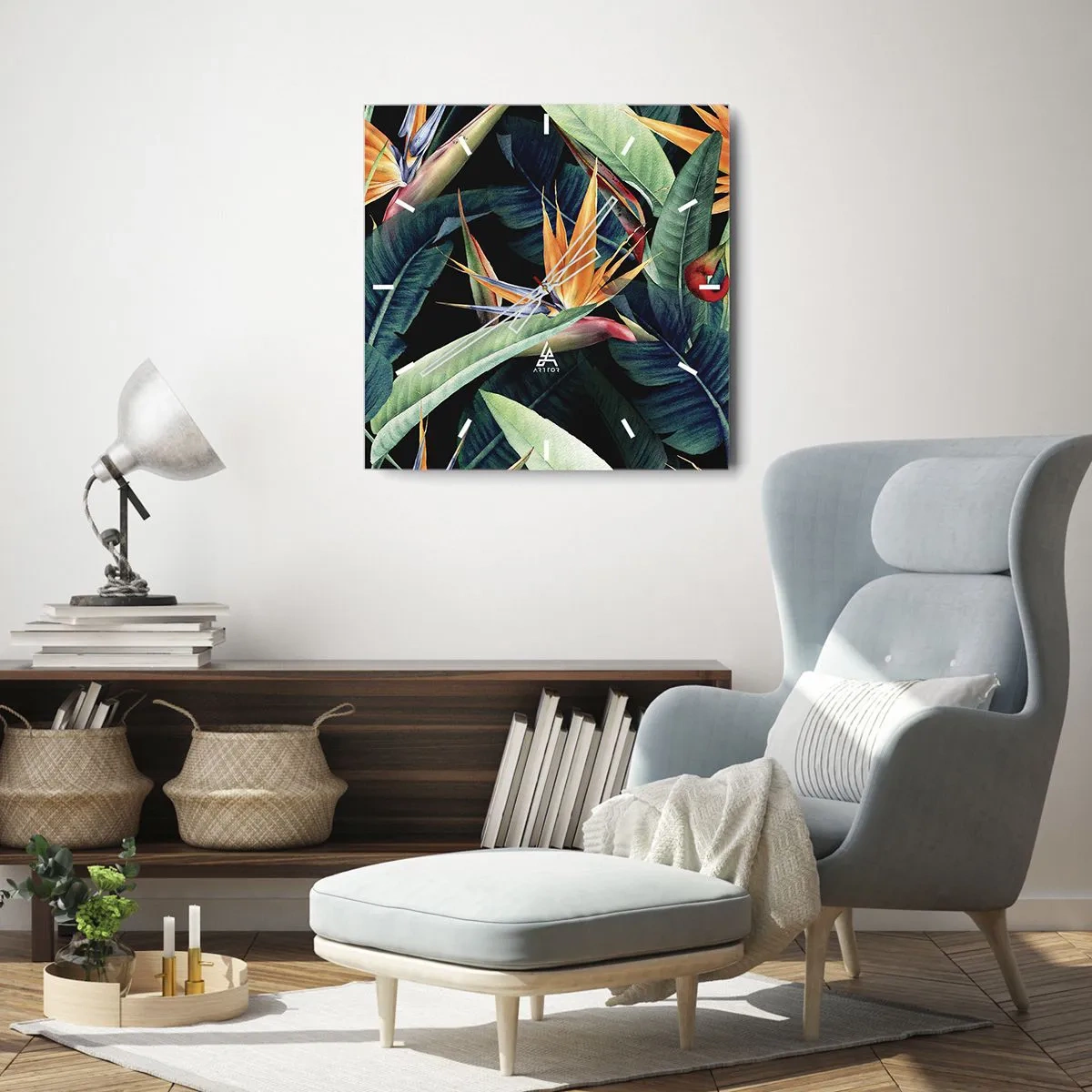 Väggklocka - Klocka på glas - Tropikens brinnande blommor - 40x40 cm