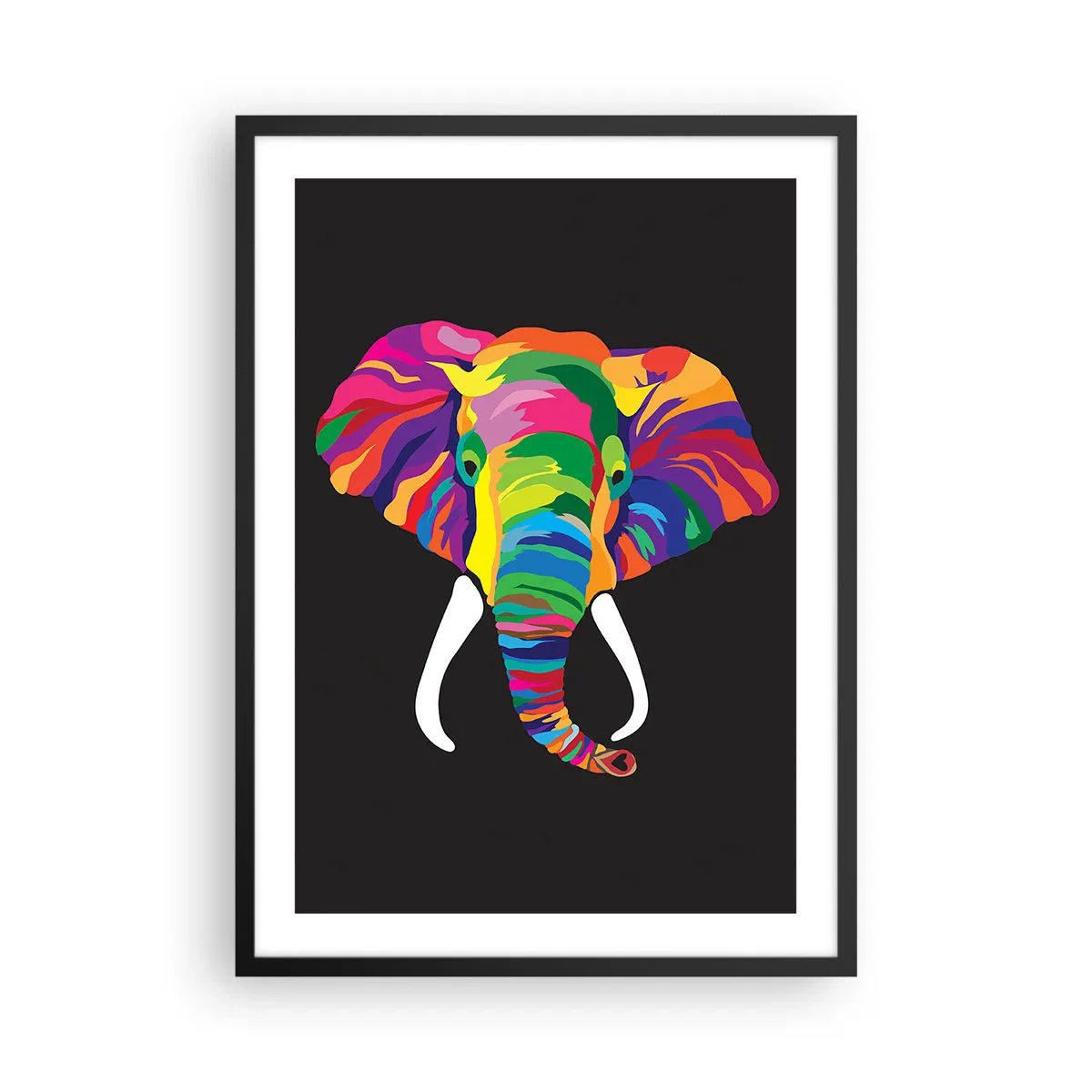 Affisch i svart ram - En färgglad bild av en elefant mot svart bakgrund - 50x70cm - Elefanten som älskade bada i regnbågen - Modern väggdekoration för vardagsrum och sovrum ARTTOR