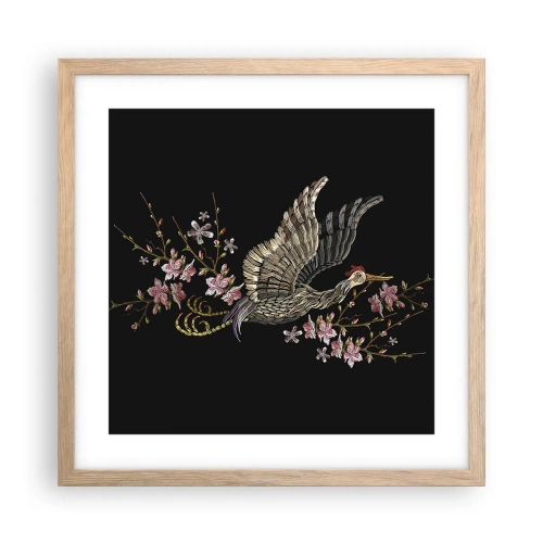 Affisch i ram av ljusek - Exotisk, broderad fågel - 40x40 cm