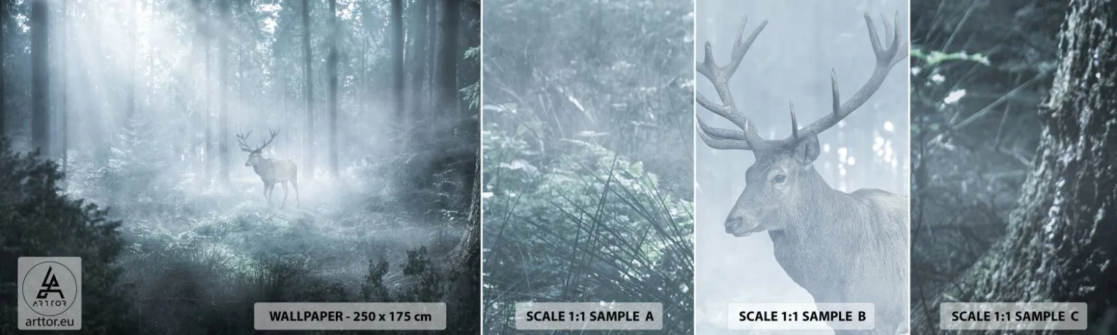 Provbit av självhäftande fototapet Deluxe Sticker - Morgonrond runt godset - Landskap, Skog, Rådjur - 100x30 cm