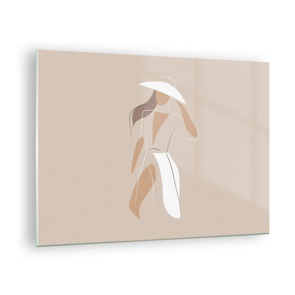Glastavla - Bild på glas - Stiliserad figur av en kvinna i vit hatt - 70x50cm - Mode är lek - Modern väggdekoration för vardagsrum och sovrum ARTTOR