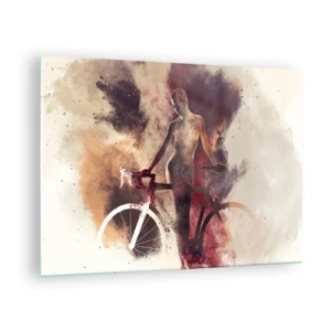 Glastavla - Bild på glas - Silhuetten av en cykel i ett konstnärligt moln av färger - 70x50cm - Cyklelsjäl i marmorform - Modern väggdekoration för vardagsrum och sovrum ARTTOR