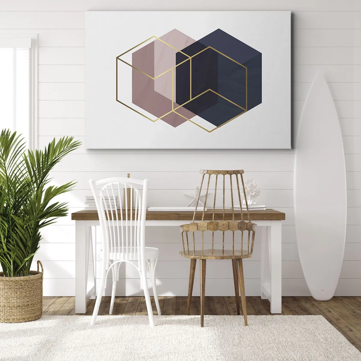 Canvastavla - Bild på duk - Geometriska former i gyllene linjer på en pastellbakgrund - 70x50cm - Enkelhetens styrka - Modern väggdekoration för vardagsrum och sovrum ARTTOR