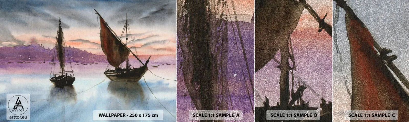 Provbit av fototapet Premium Sand - Kväll i hamnen - Segelbåtar, Seaside, Landskap - 100x30 cm