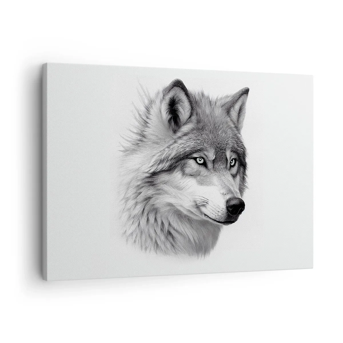Canvastavla - Bild på duk - Ett realistiskt porträtt av en varg i grå nyanser. - 70x50cm - Alfa - utan tvekan - Modern väggdekoration för vardagsrum och sovrum ARTTOR