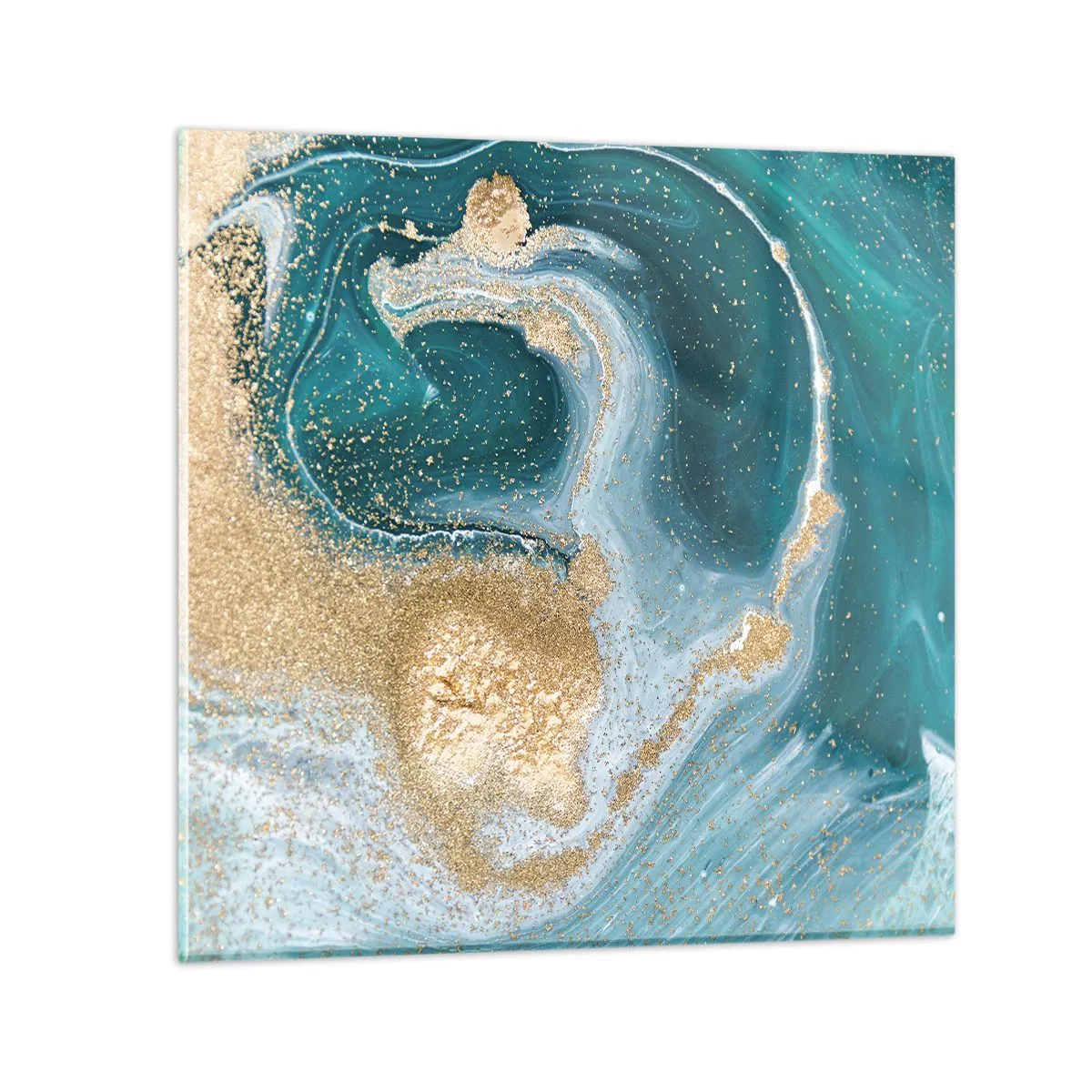 Glastavla - Bild på glas - Guld- och turkosvirvel - 40x40 cm