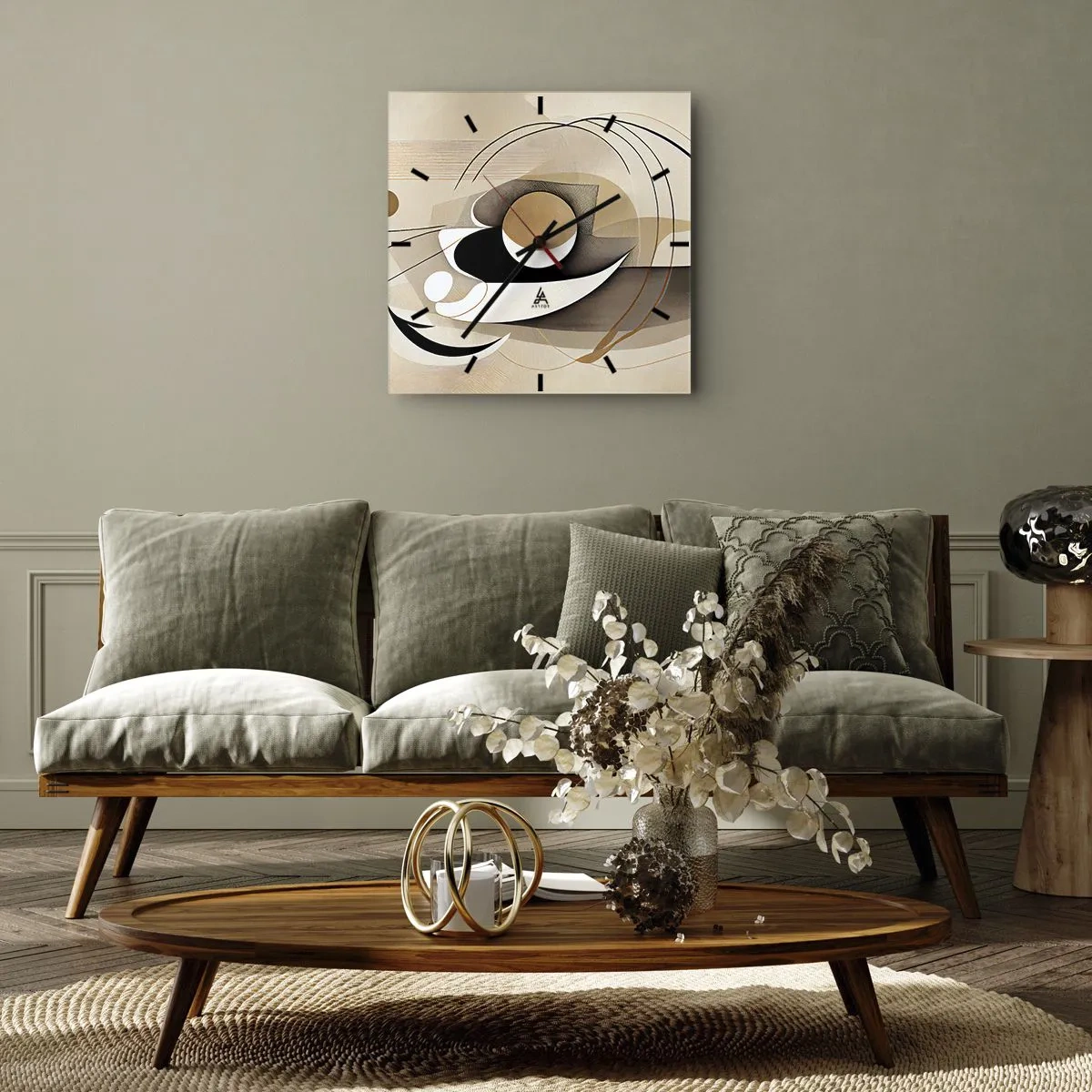 Väggklocka - Klocka på glas - Komposition: essensen av saker och ting - 40x40 cm