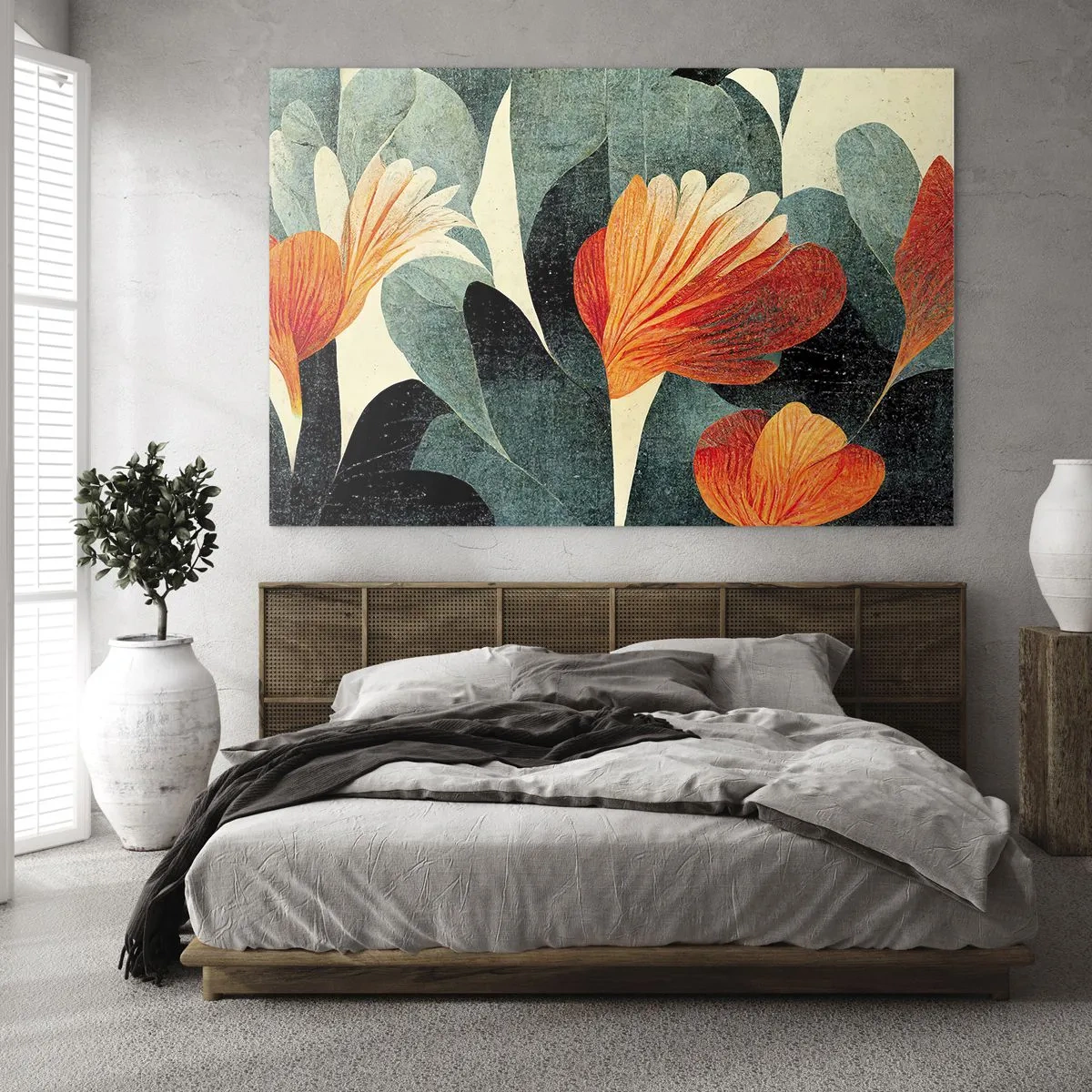 Glastavla - Bild på glas - Orange blommor mot en bakgrund av mörkgröna blad - 70x50cm - Värmen i tropikerna och svalkan i grönskan - Modern väggdekoration för vardagsrum och sovrum ARTTOR