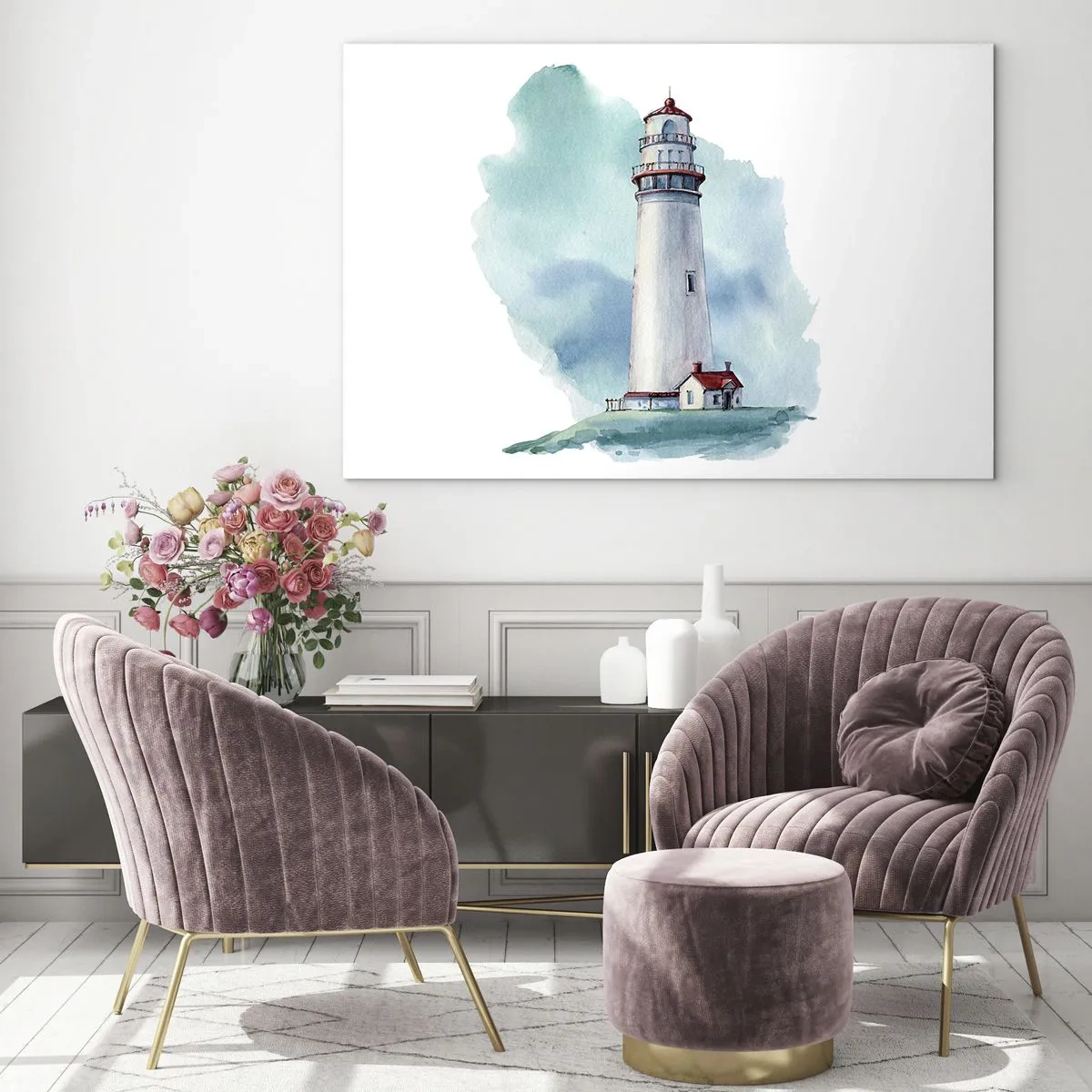 Glastavla - Bild på glas - En fyr mot en blå akvarellhimmel - 70x50cm - Milda syster av det blåa - Modern väggdekoration för vardagsrum och sovrum ARTTOR