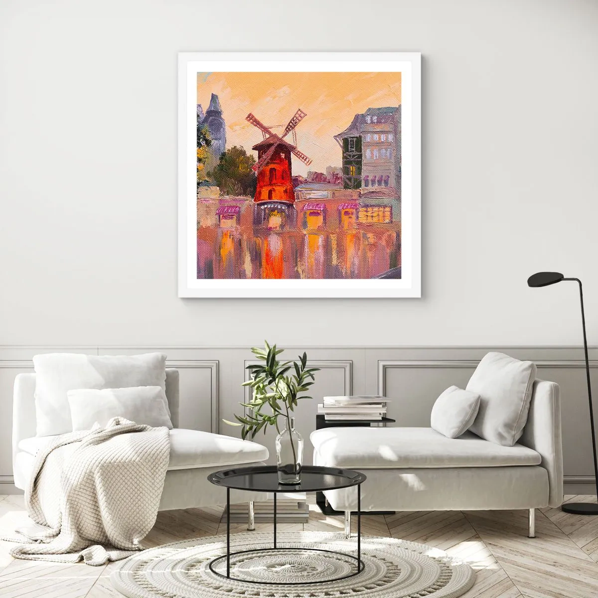 Affisch i vit ram - Ikoner av Paris – Moulin Rouge - 60x60 cm