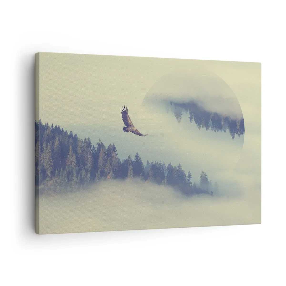 Canvastavla - Bild på duk - En örn i flykt mot en bakgrund av dimmiga berg med ett konstnärligt cirkulärt motiv - 70x50cm - Örnens skugga - Modern väggdekoration för vardagsrum och sovrum ARTTOR