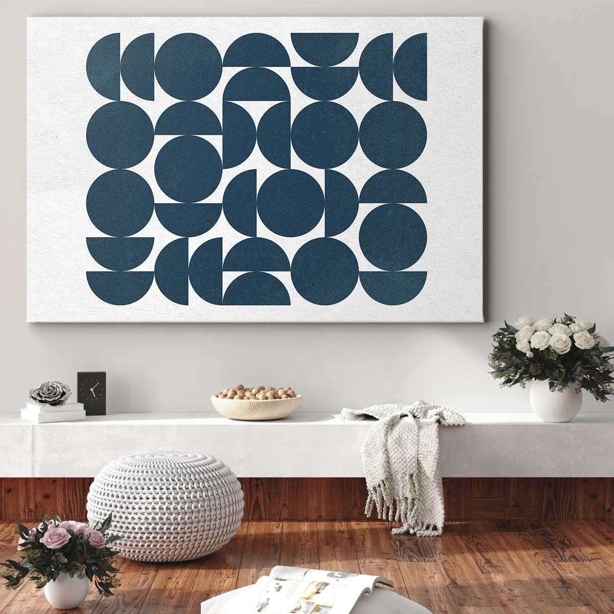 Canvastavla - Bild på duk - Geometriska former i nyanser av marinblått på vit bakgrund - 70x50cm - Cirklar och halvcirklar - Modern väggdekoration för vardagsrum och sovrum ARTTOR
