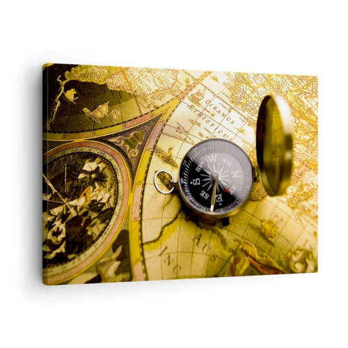 Canvastavla - Bild på duk - En antik kompass mot bakgrunden av en gammal världskarta - 70x50cm - Kanske till världens ände? - Modern väggdekoration för vardagsrum och sovrum ARTTOR