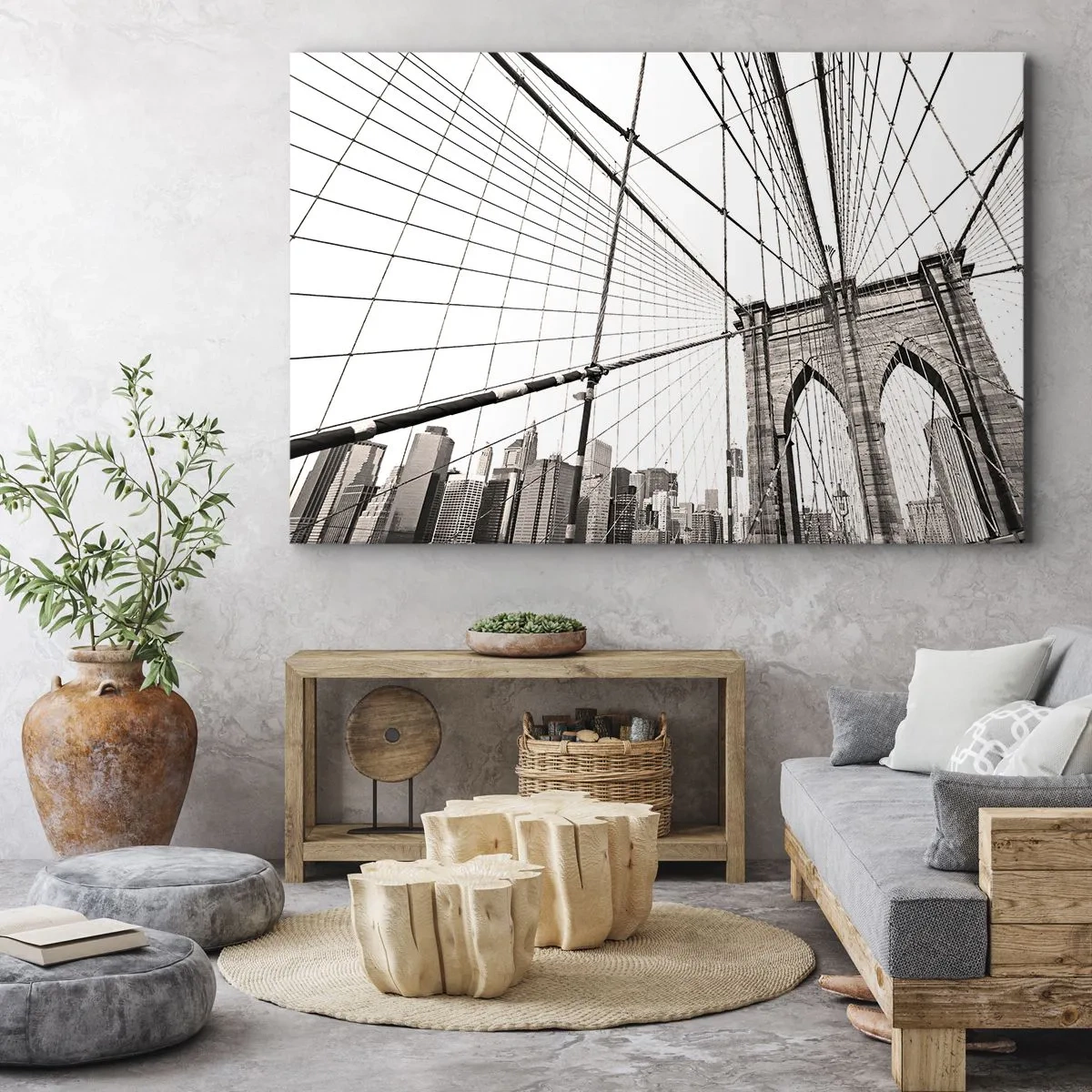 Canvastavla - Bild på duk - Brooklynbron i svartvitt - 70x50cm - Domkyrkan i New York - Modern väggdekoration för vardagsrum och sovrum ARTTOR