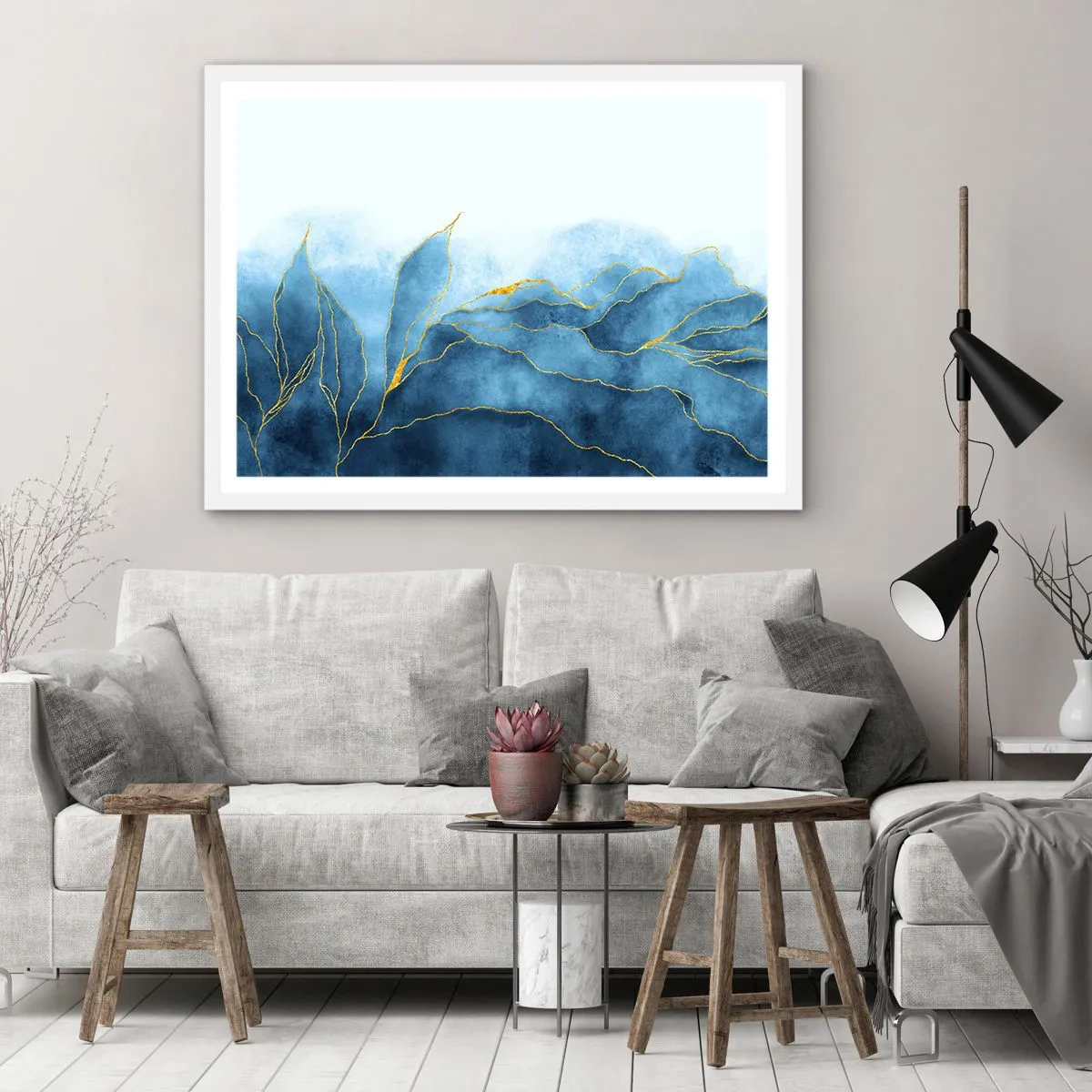 Affisch i vit ram - Blått i guld - 40x30 cm