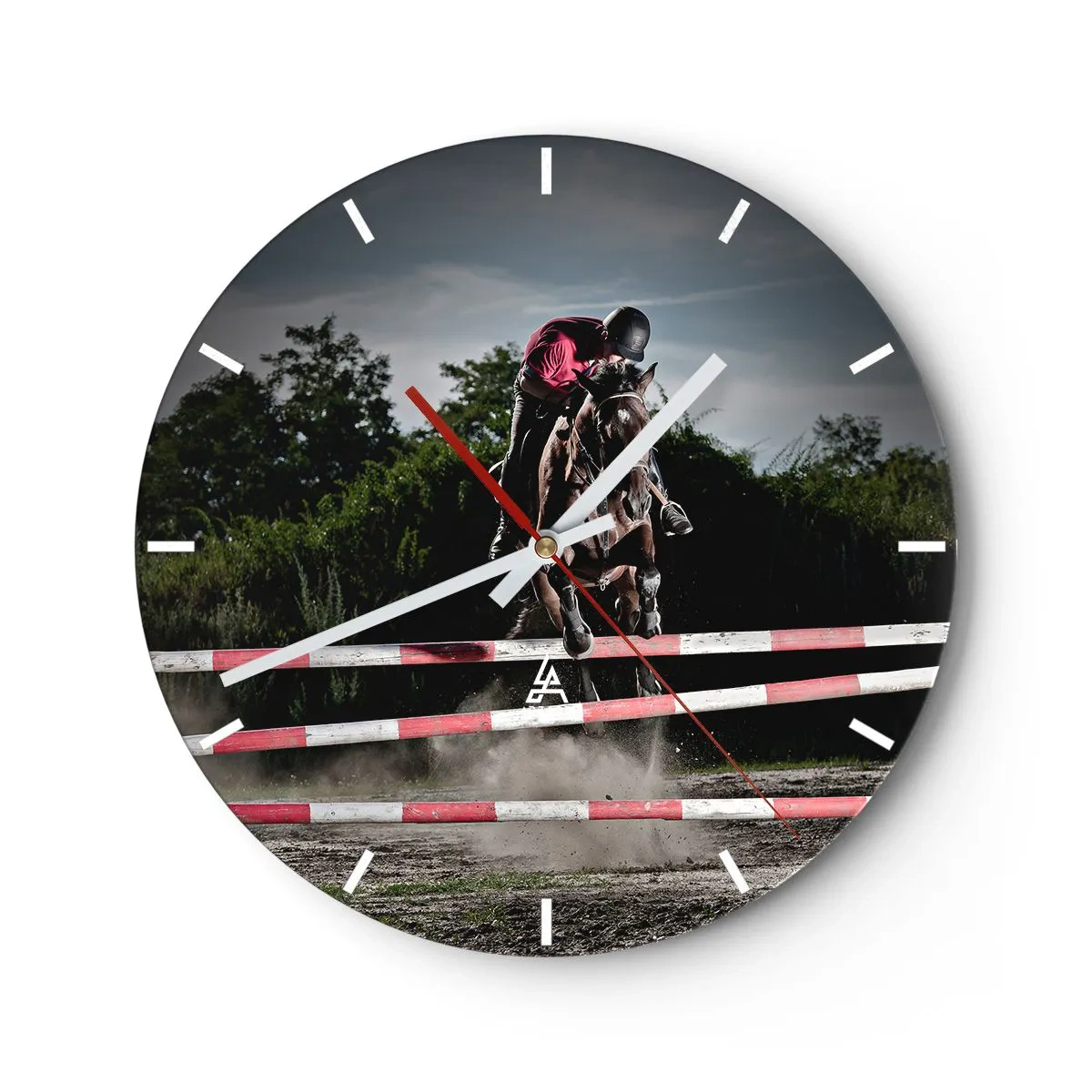 Väggklocka - Klocka på glas - En hästhoppare under en ridtävling - 30x30cm - Tillsammans mot seger - Modern väggdekoration för vardagsrum, kök och sovrum ARTTOR