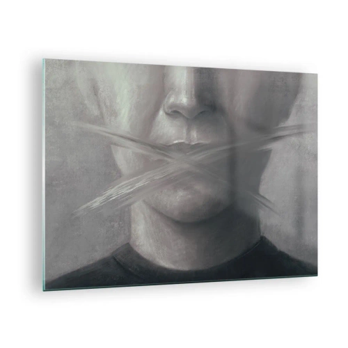 Glastavla - Bild på glas - Porträtt av en person med suddiga läppar i grå nyanser - 70x50cm - Inte ett ord - Modern väggdekoration för vardagsrum och sovrum ARTTOR
