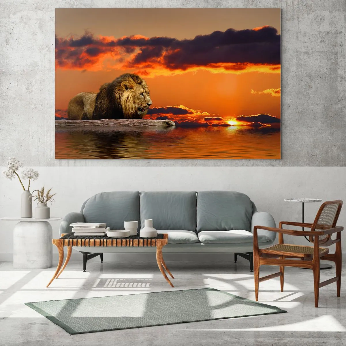 Glastavla - Bild på glas - Ett lejon mot bakgrund av den nedgående solen - 70x50cm - Naturens kung - Modern väggdekoration för vardagsrum och sovrum ARTTOR