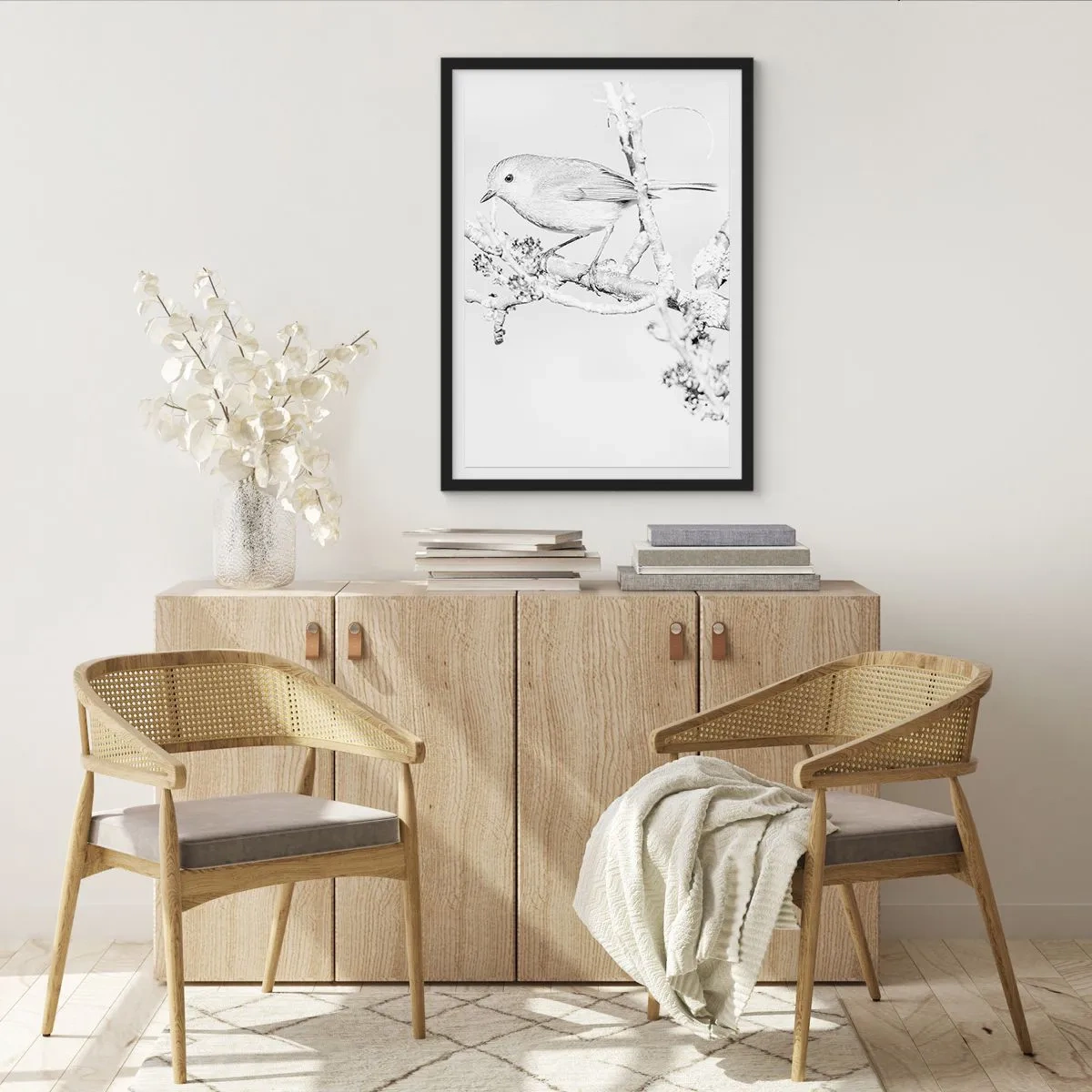 Affisch i svart ram - Svartvit teckning av en fågel på en gren - 50x70cm - Vintermorgon - Modern väggdekoration för vardagsrum och sovrum ARTTOR