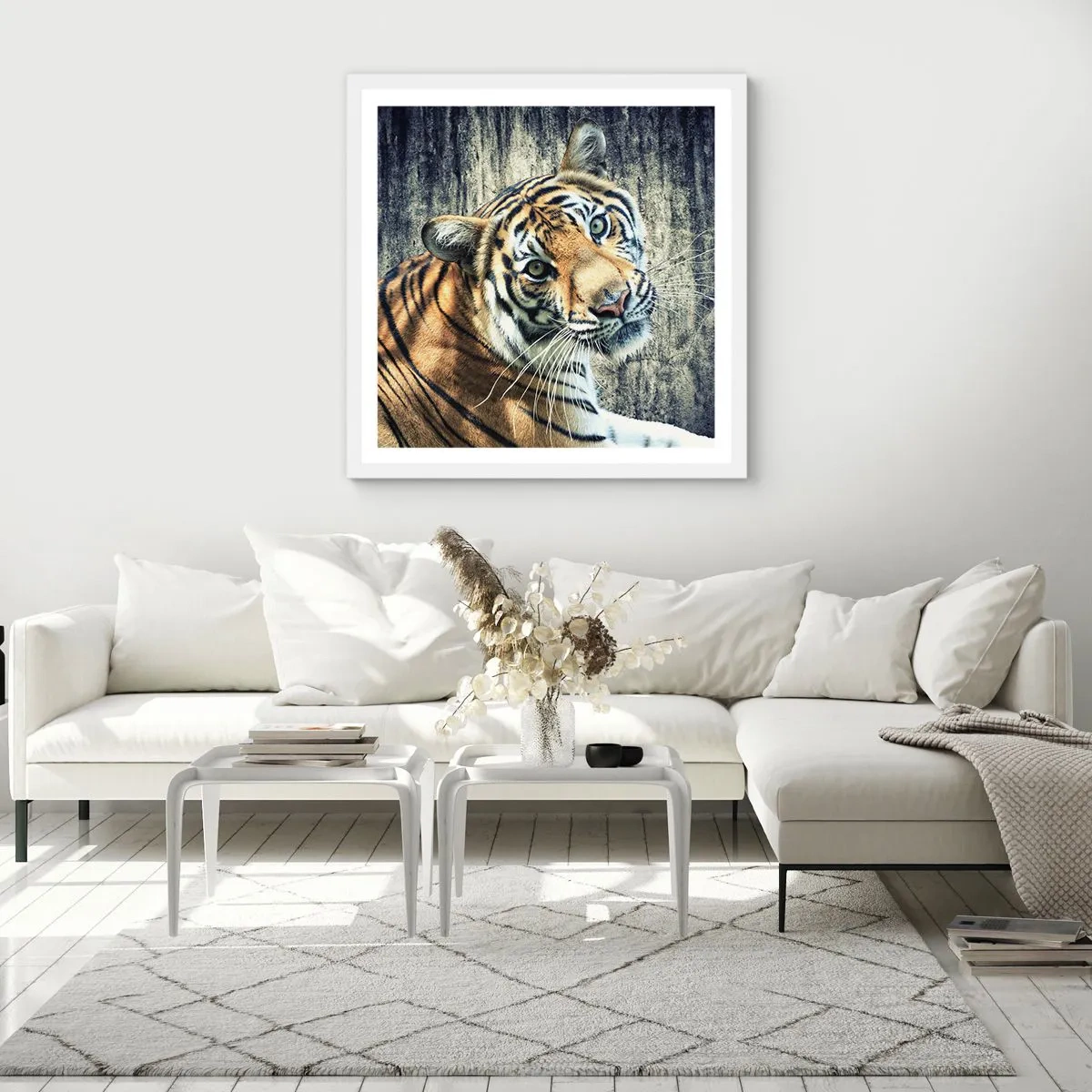 Affisch i vit ram - Porträtt i ljusstrålar - 60x60 cm