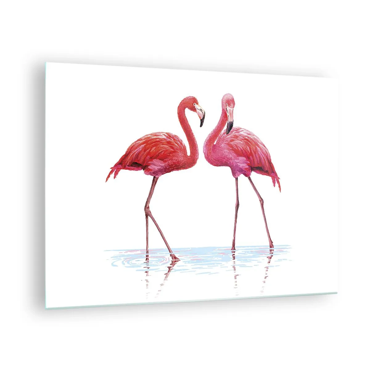 Glastavla - Bild på glas - Två rosa flamingos som står i vattnet - 70x50cm - Rosa rendez-vous - Modern väggdekoration för vardagsrum och sovrum ARTTOR