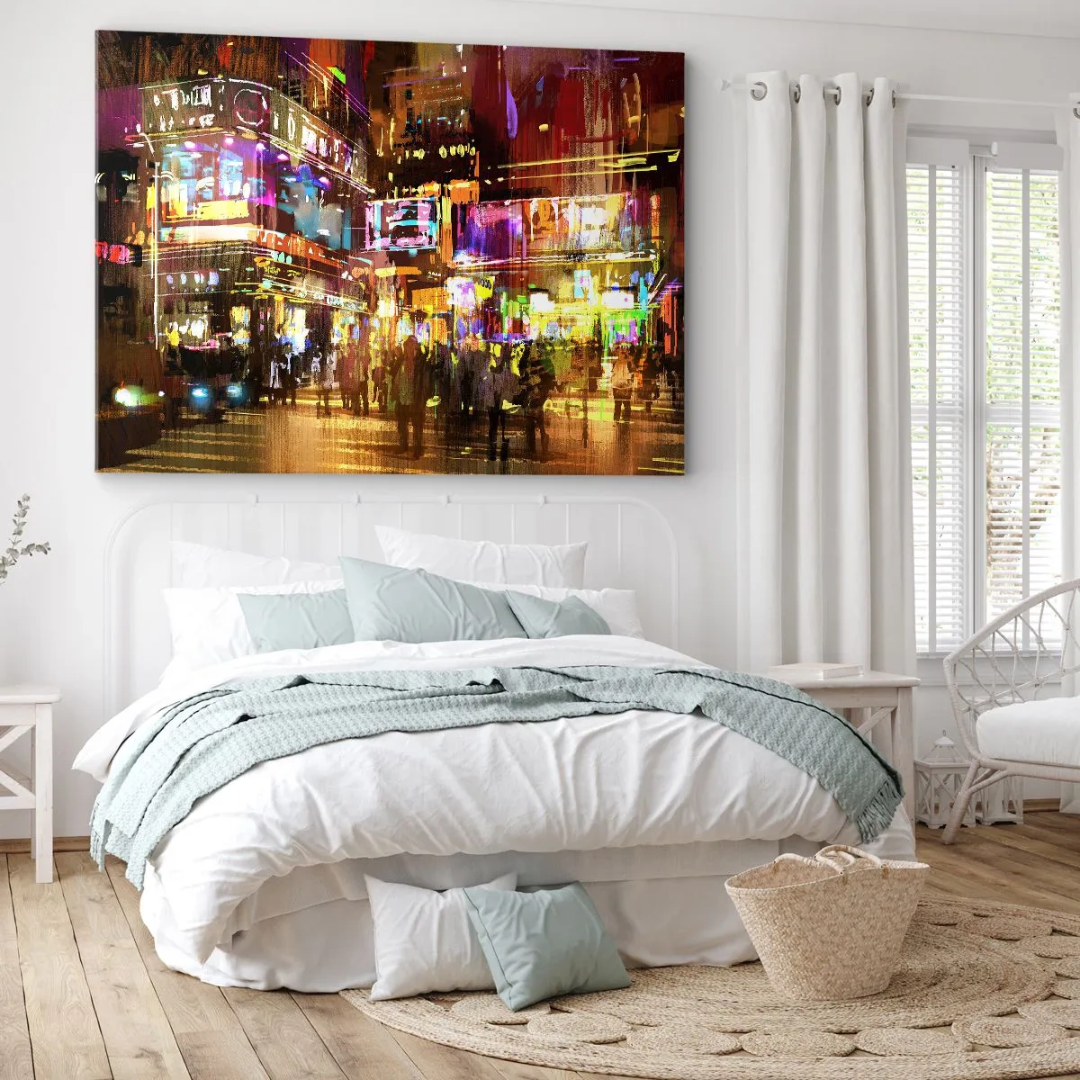 Canvastavla - Bild på duk - En pulserande stad på natten i neonljuset - 70x50cm - I ljushavet - Modern väggdekoration för vardagsrum och sovrum ARTTOR