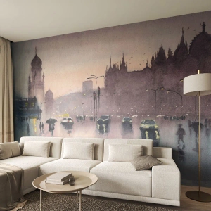 Fototapet Premium Sand - I regnig dimma - Stad, Arkitektur, Monument - 100x70 cm