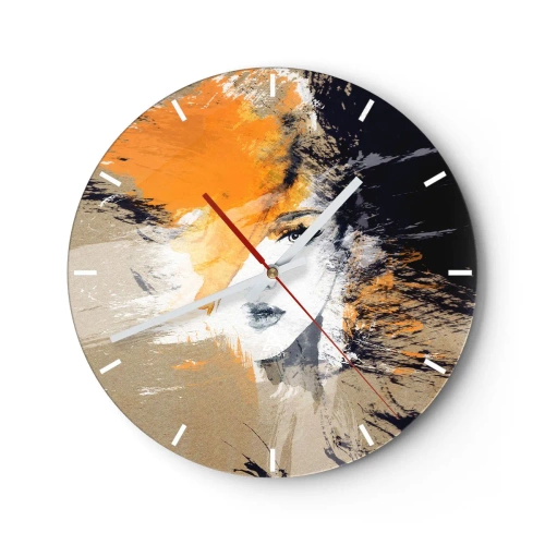 Väggklocka - Klocka på glas - Abstrakt porträtt av en kvinna i varma nyanser av orange och beige. - 30x30cm - Och så blir det ljus - Modern väggdekoration för vardagsrum, kök och sovrum ARTTOR