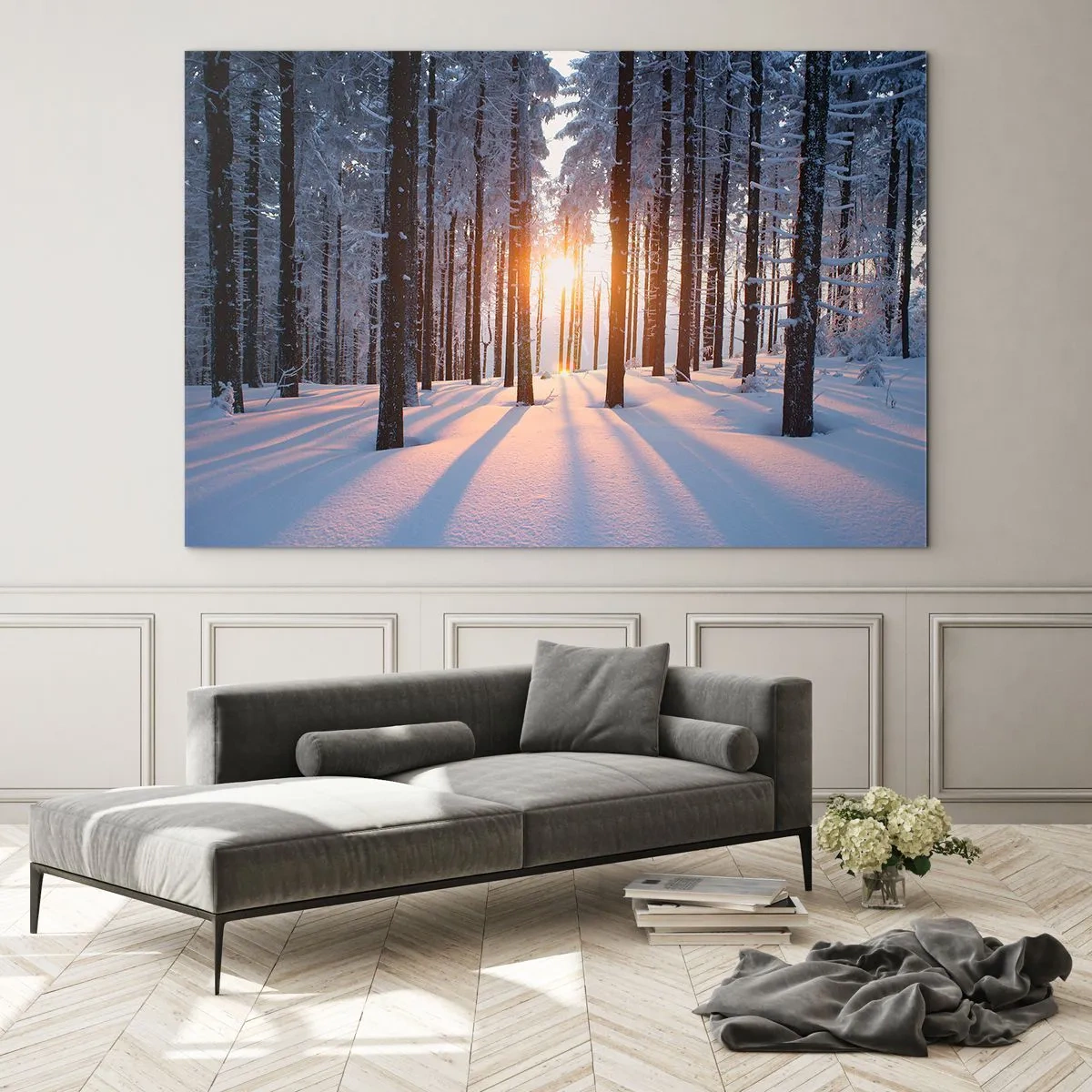 Glastavla - Bild på glas - Vinterskog med solstrålar som skiner genom träden - 70x50cm - Tydligt svart på vitt - Modern väggdekoration för vardagsrum och sovrum ARTTOR