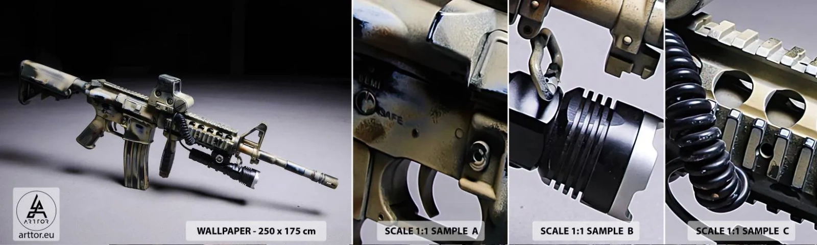 Provbit av självhäftande fototapet Deluxe Sticker - Alltid farlig - Militär, Gevär, Vapen - 100x30 cm