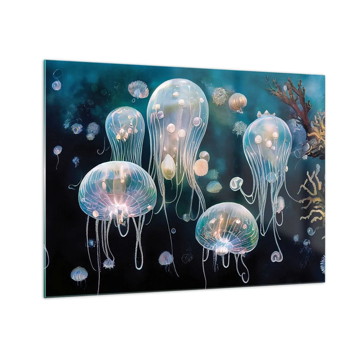 Glastavla - Bild på glas - Maneter i undervattensvärldens lysande dans - 70x50cm - Undervattenbal - Modern väggdekoration för vardagsrum och sovrum ARTTOR