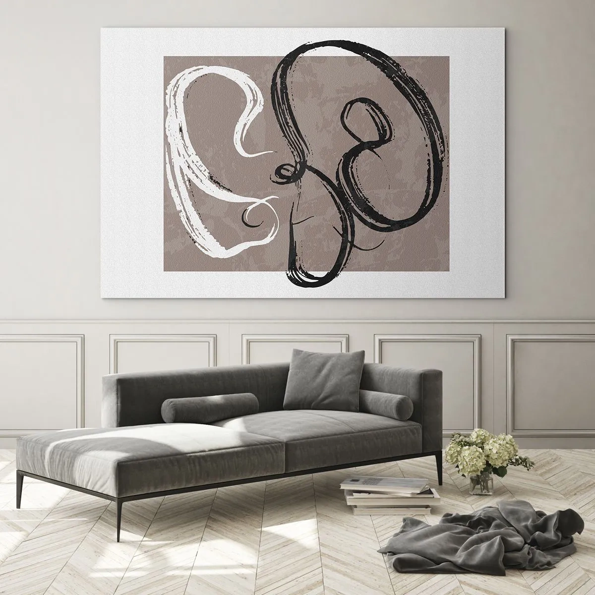 Glastavla - Bild på glas - Dynamiska penseldrag i svartvitt mot en beige bakgrund. - 70x50cm - Komposition - sökande efter fullständighet - Modern väggdekoration för vardagsrum och sovrum ARTTOR