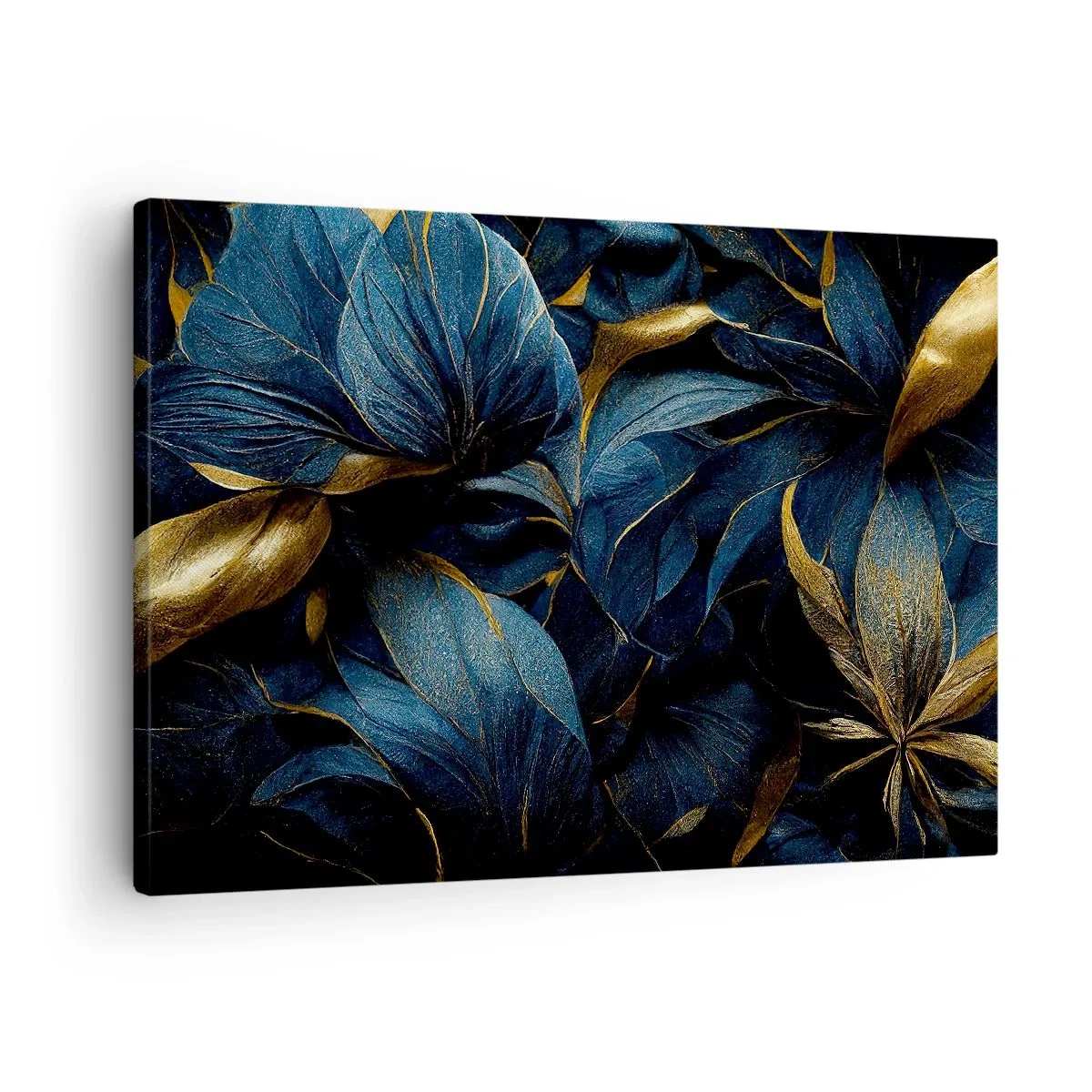 Canvastavla - Bild på duk - Eleganta blad i nyanser av guld och marinblått - 70x50cm - Fodrad med guld - Modern väggdekoration för vardagsrum och sovrum ARTTOR