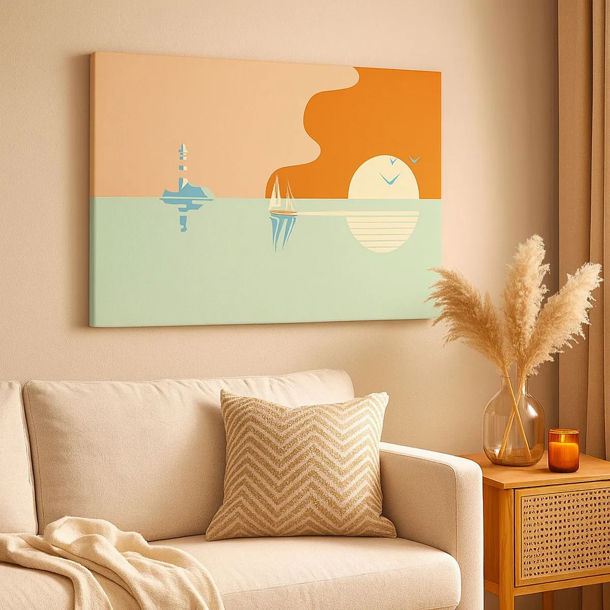 Canvastavla - Bild på duk - Ett minimalistiskt havslandskap med en segelbåt och en solnedgång - 70x50cm - Perfekt havslandskap - Modern väggdekoration för vardagsrum och sovrum ARTTOR
