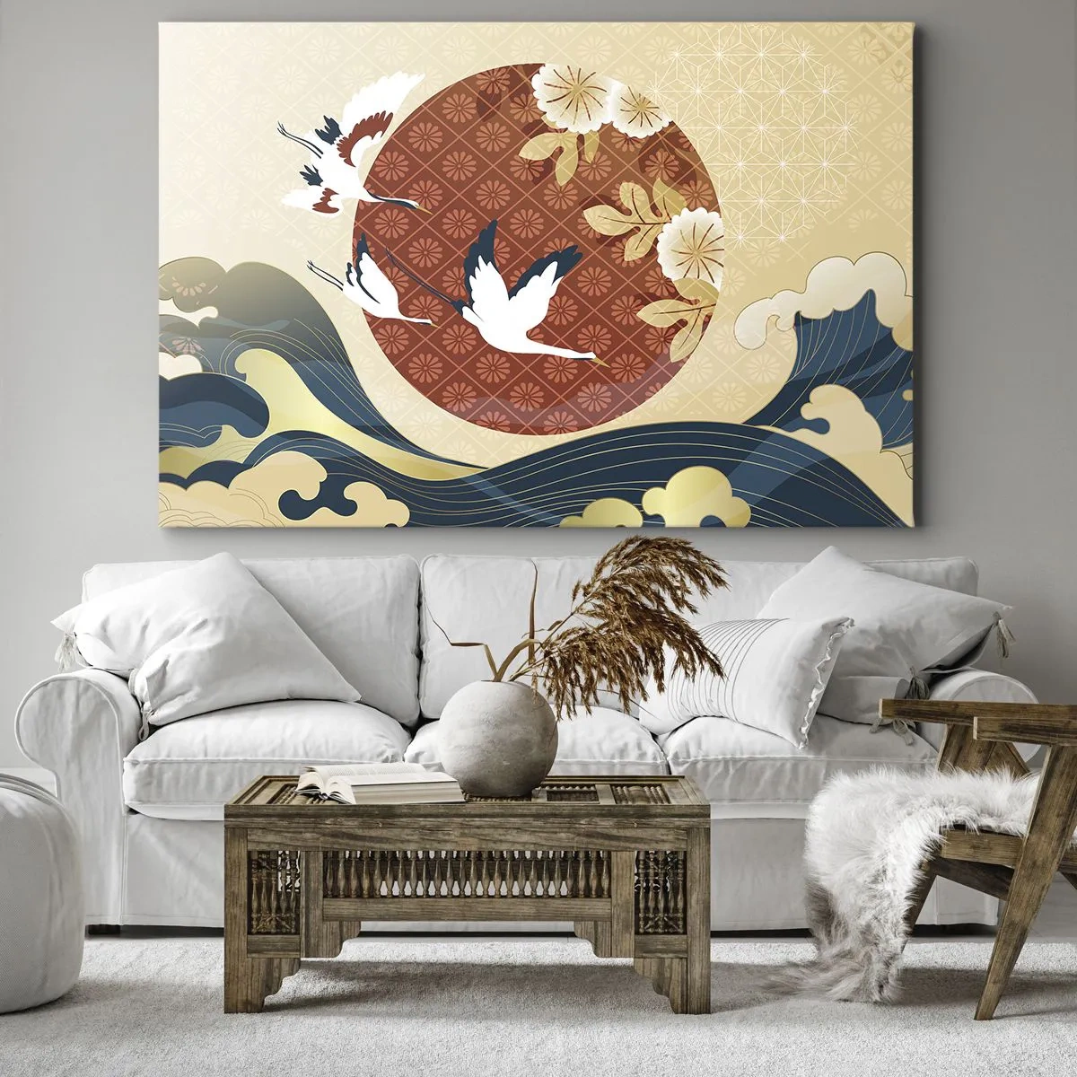Canvastavla - Bild på duk - Japansk komposition med tranor och vågor - 70x50cm - Japansk saga - Modern väggdekoration för vardagsrum och sovrum ARTTOR