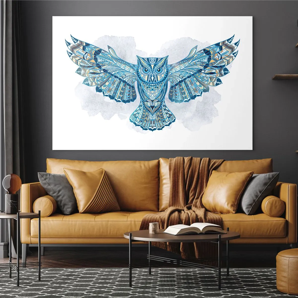 Glastavla - Bild på glas - Blå uggla med utbredda vingar i geometrisk stil - 70x50cm - Från kelternas heliga trädgård - Modern väggdekoration för vardagsrum och sovrum ARTTOR