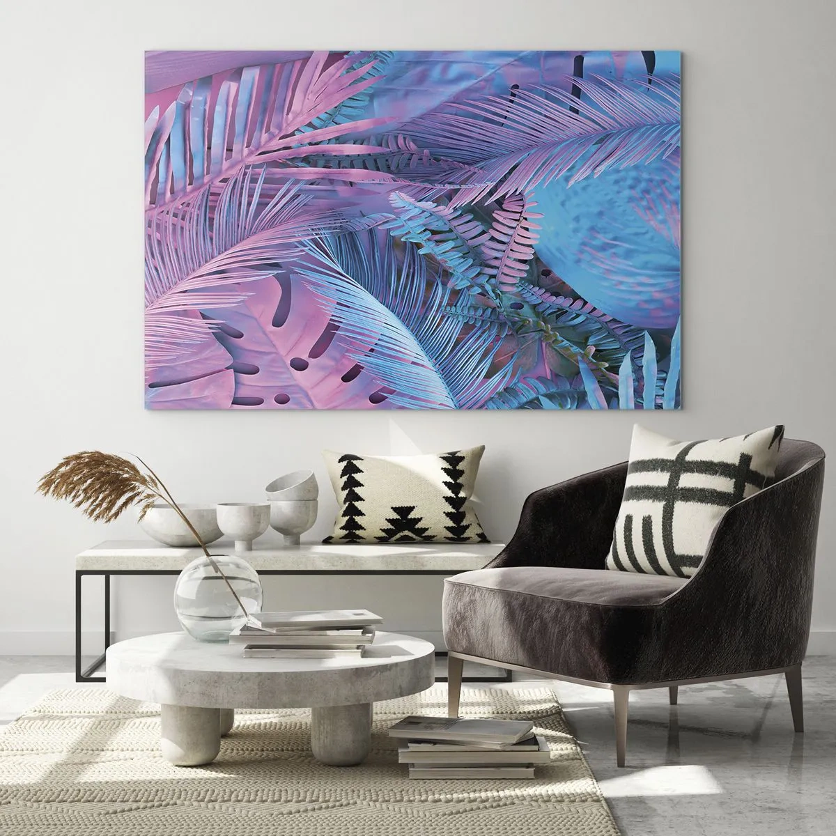 Glastavla - Bild på glas - Tropiska löv i nyanser av rosa och blått mot en neonbakgrund - 70x50cm - Tropiken i rosa och blått - Modern väggdekoration för vardagsrum och sovrum ARTTOR