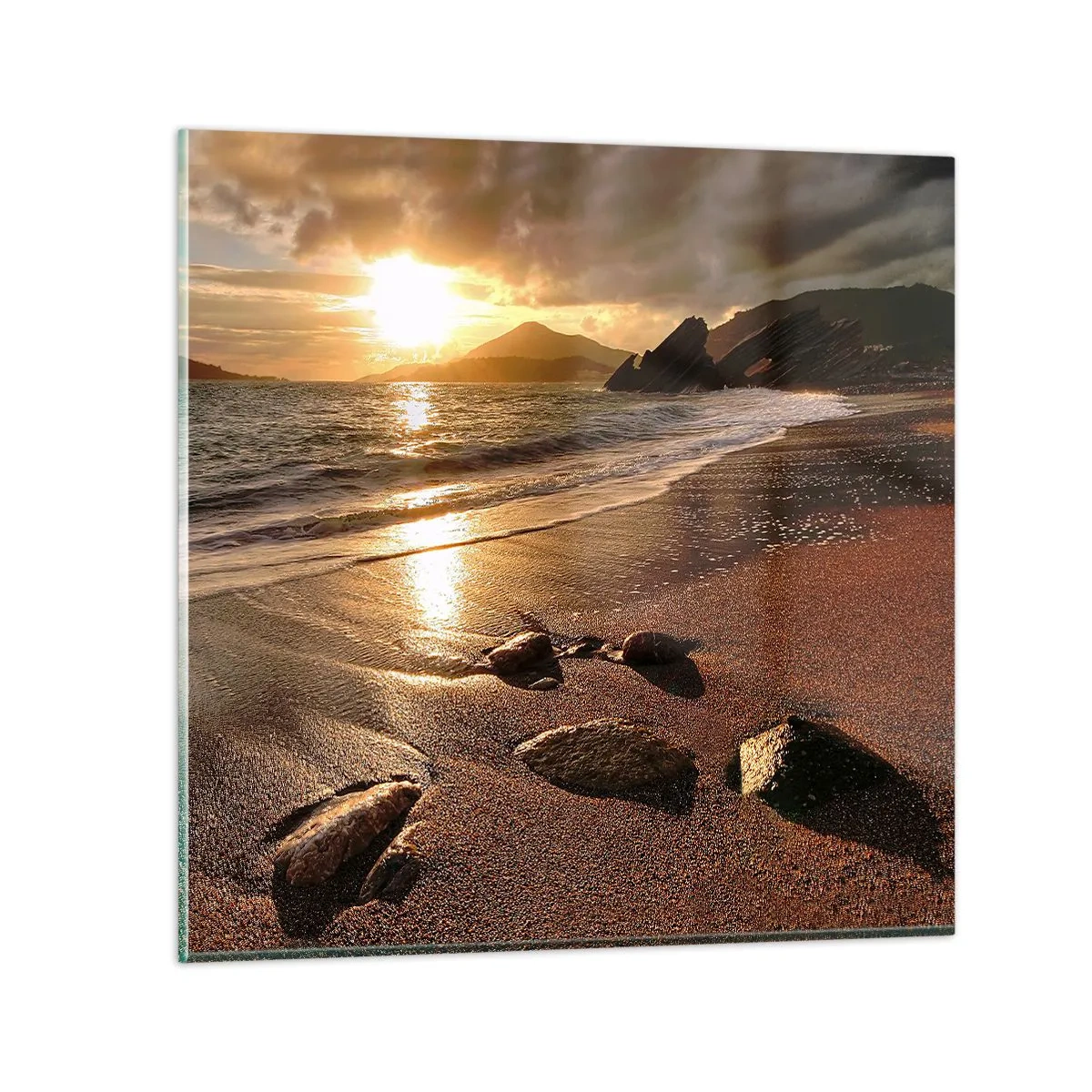 Glastavla - Bild på glas - Följ solen mot kullarna - 70x70 cm