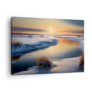 Canvastavla - Bild på duk - Vinterlandskap med en flod vid solnedgången - 70x50cm - Vintersolnedgång - Modern väggdekoration för vardagsrum och sovrum ARTTOR