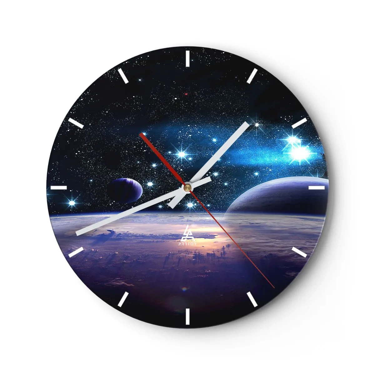 Väggklocka - Klocka på glas - Rymden med stjärnor, planeter och en planetyta med atmosfär - 30x30cm - Fortfarande ensamma? - Modern väggdekoration för vardagsrum, kök och sovrum ARTTOR