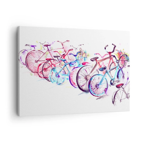 Canvastavla - Bild på duk - Färgglada cyklar i konstnärlig akvarellstil - 70x50cm - Antimotoklubbens träff - Modern väggdekoration för vardagsrum och sovrum ARTTOR