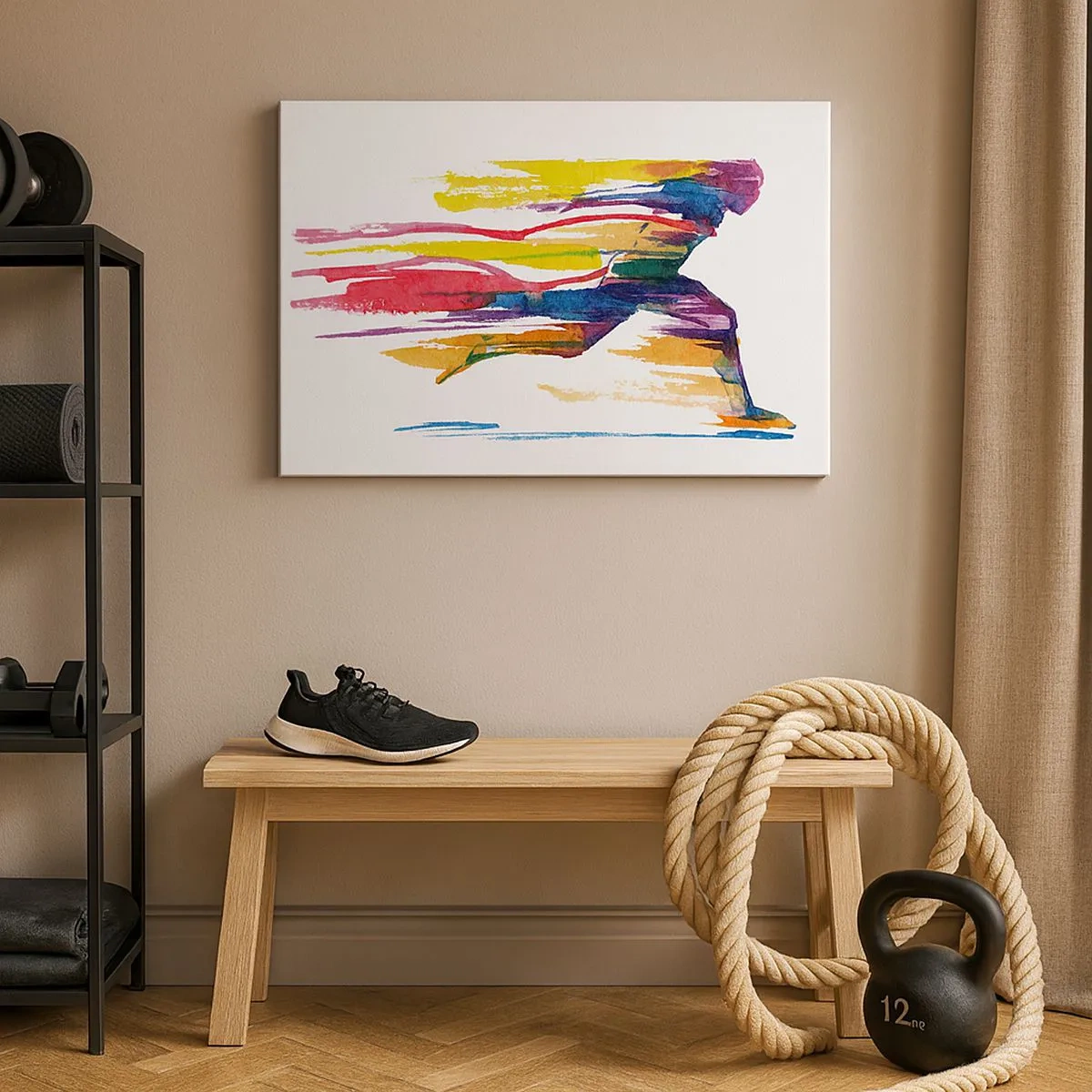 Canvastavla - Bild på duk - En löpare i abstrakta färger som symboliserar dynamik och energi - 70x50cm - Spring genom regnbågen - Modern väggdekoration för vardagsrum och sovrum ARTTOR