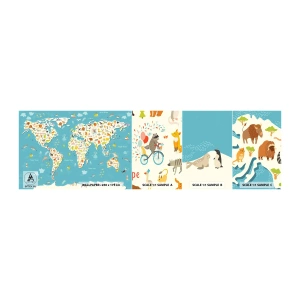 Provbit av självhäftande fototapet Deluxe Sticker - Vi älskar hela världen - Världskarta, Djur, För barn - 100x30 cm