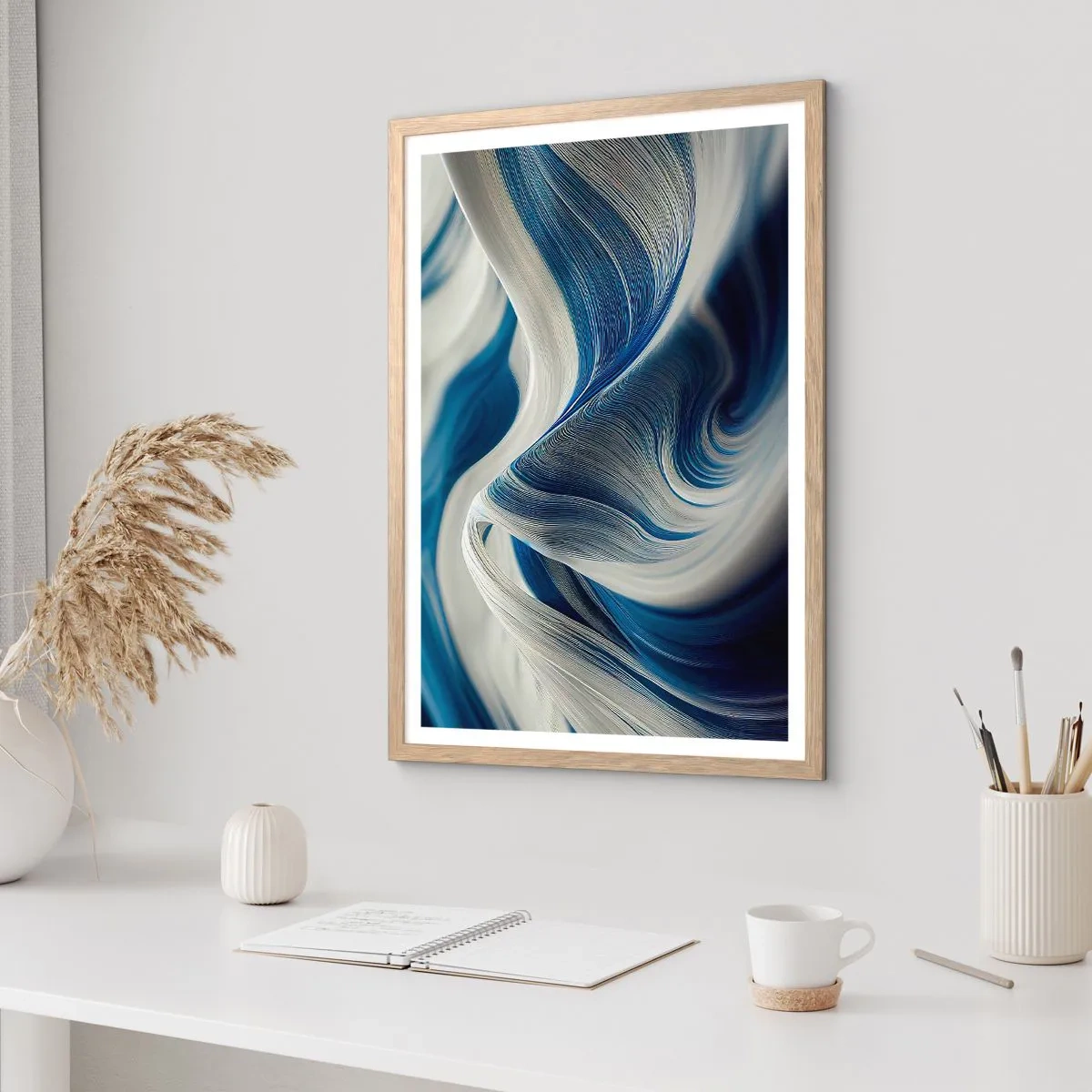 Affisch i ram av ljusek - Flöde av blått och vitt - 50x70 cm
