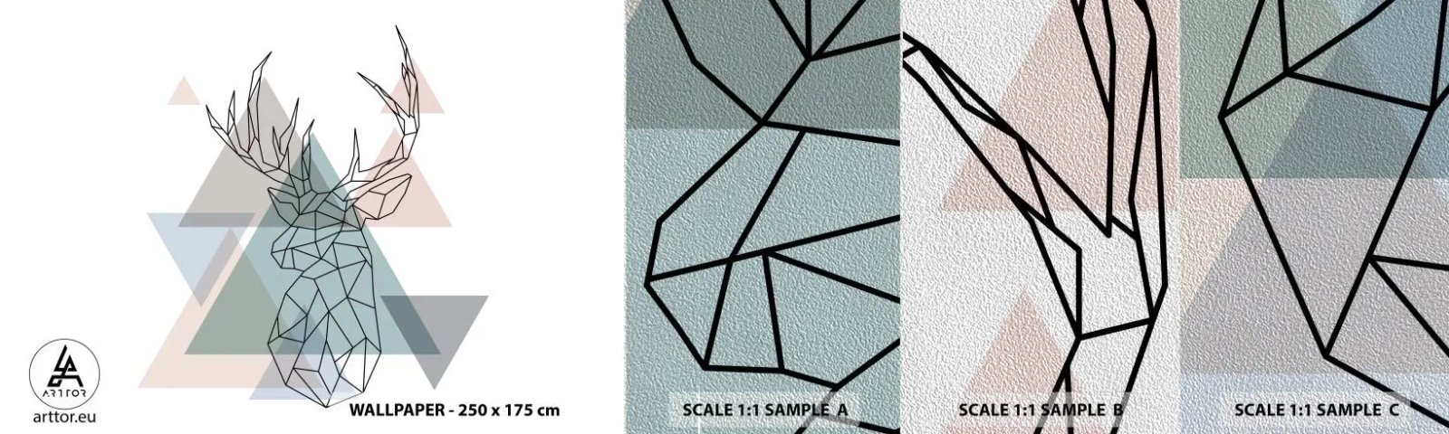 Provbit av fototapet Premium Sand - I en geometrisk skog - Abstraktion, Rådjur, Grafik - 100x30 cm