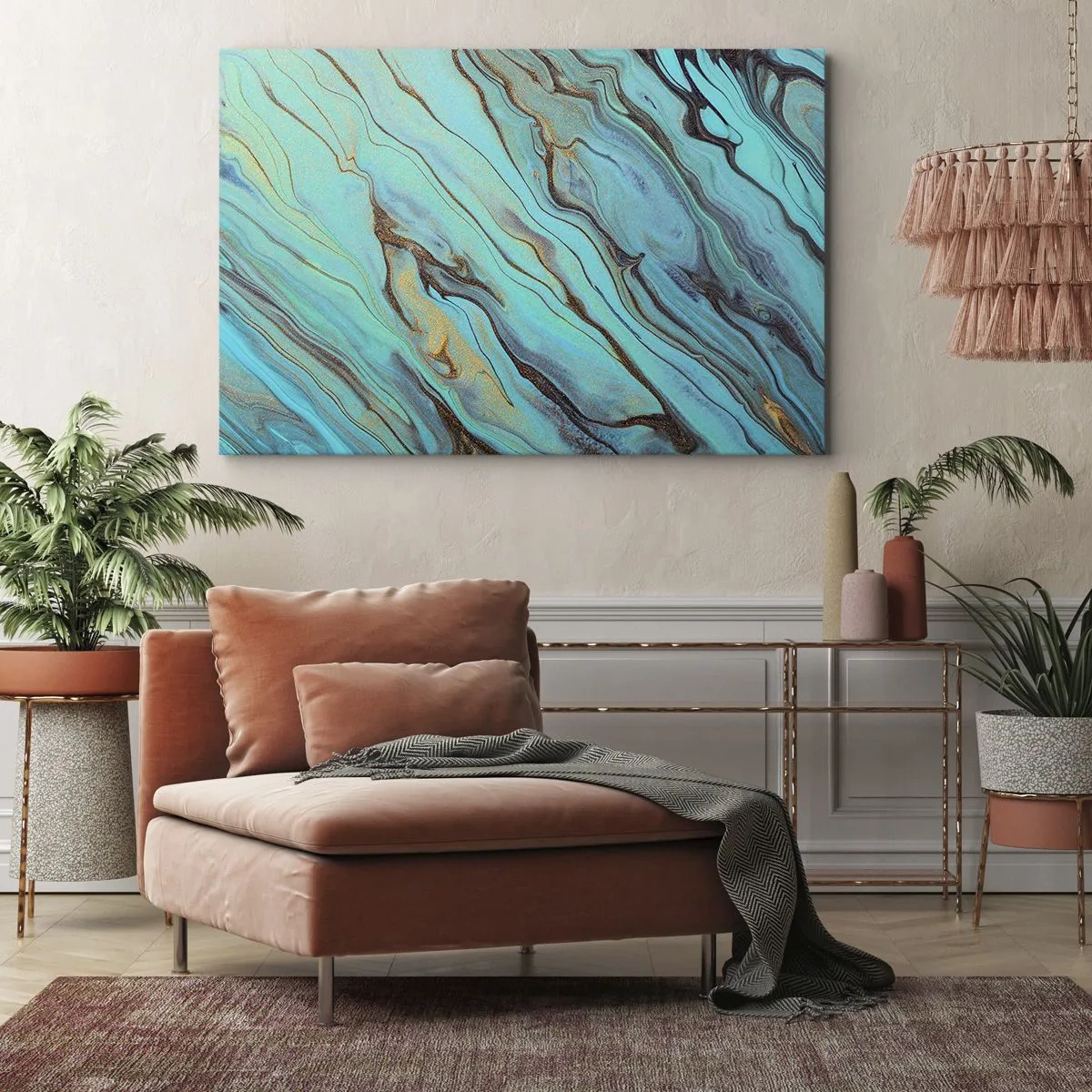 Canvastavla - Bild på duk - Abstrakta vågor i nyanser av turkos och guld - 70x50cm - Turkost tidvatten - Modern väggdekoration för vardagsrum och sovrum ARTTOR