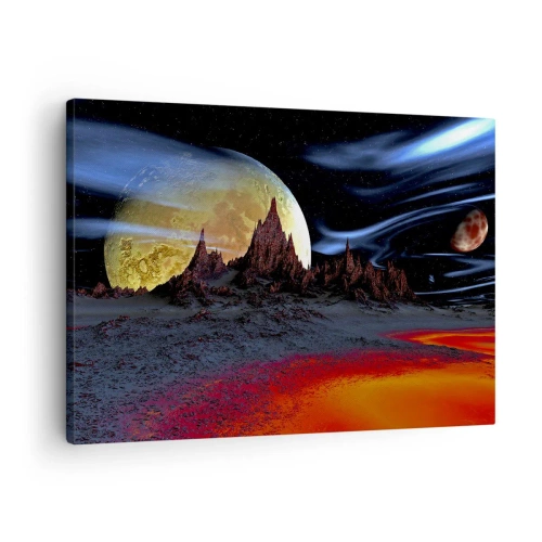 Canvastavla - Bild på duk - Ett fantastiskt landskap med planeter och vulkaniska landskap - 70x50cm - Okänd värld - Modern väggdekoration för vardagsrum och sovrum ARTTOR