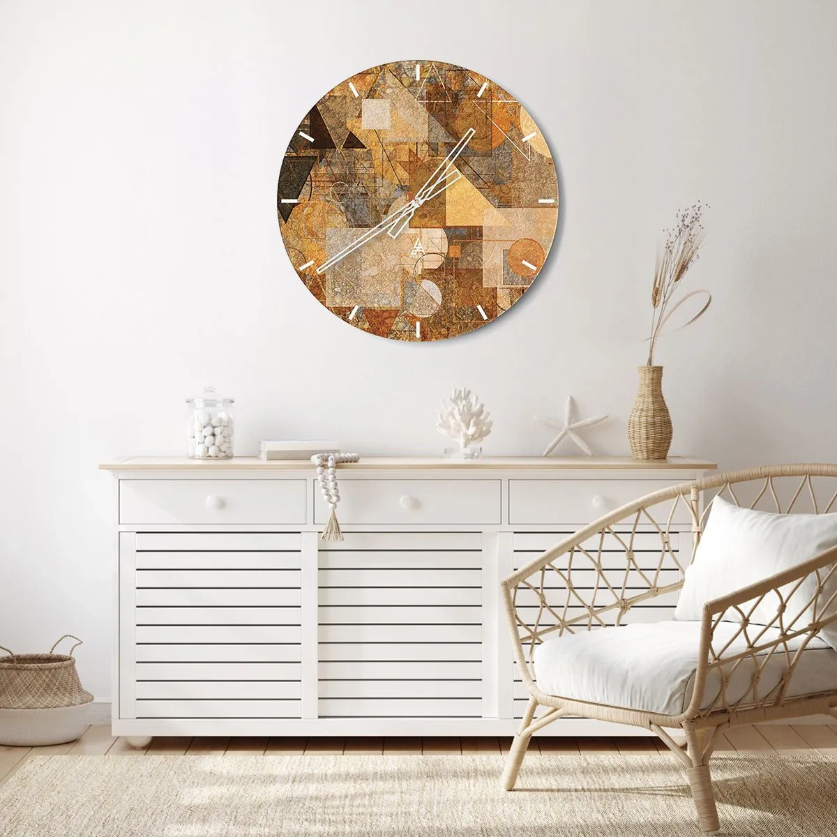 Väggklocka - Klocka på glas - Geometrisk abstraktion i nyanser av guld och brunt - 30x30cm - Kubistisk studie i brun - Modern väggdekoration för vardagsrum, kök och sovrum ARTTOR