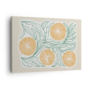 Canvastavla - Bild på duk - Ett minimalistiskt orange motiv med gröna blad - 70x50cm - Etniskt med en touch av abstraktion - Modern väggdekoration för vardagsrum och sovrum ARTTOR