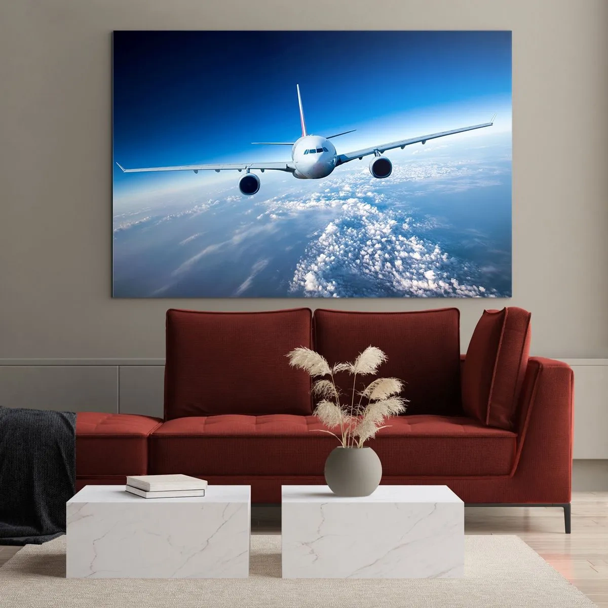 Glastavla - Bild på glas - Ett passagerarplan mot en blå himmel och moln - 70x50cm - Jag flyger för jag vill - Modern väggdekoration för vardagsrum och sovrum ARTTOR